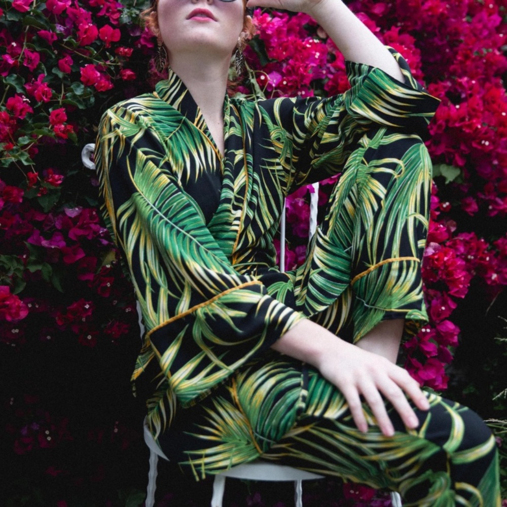 Jennafer Grace green, black and yellow tropical print pencil pants with pockets